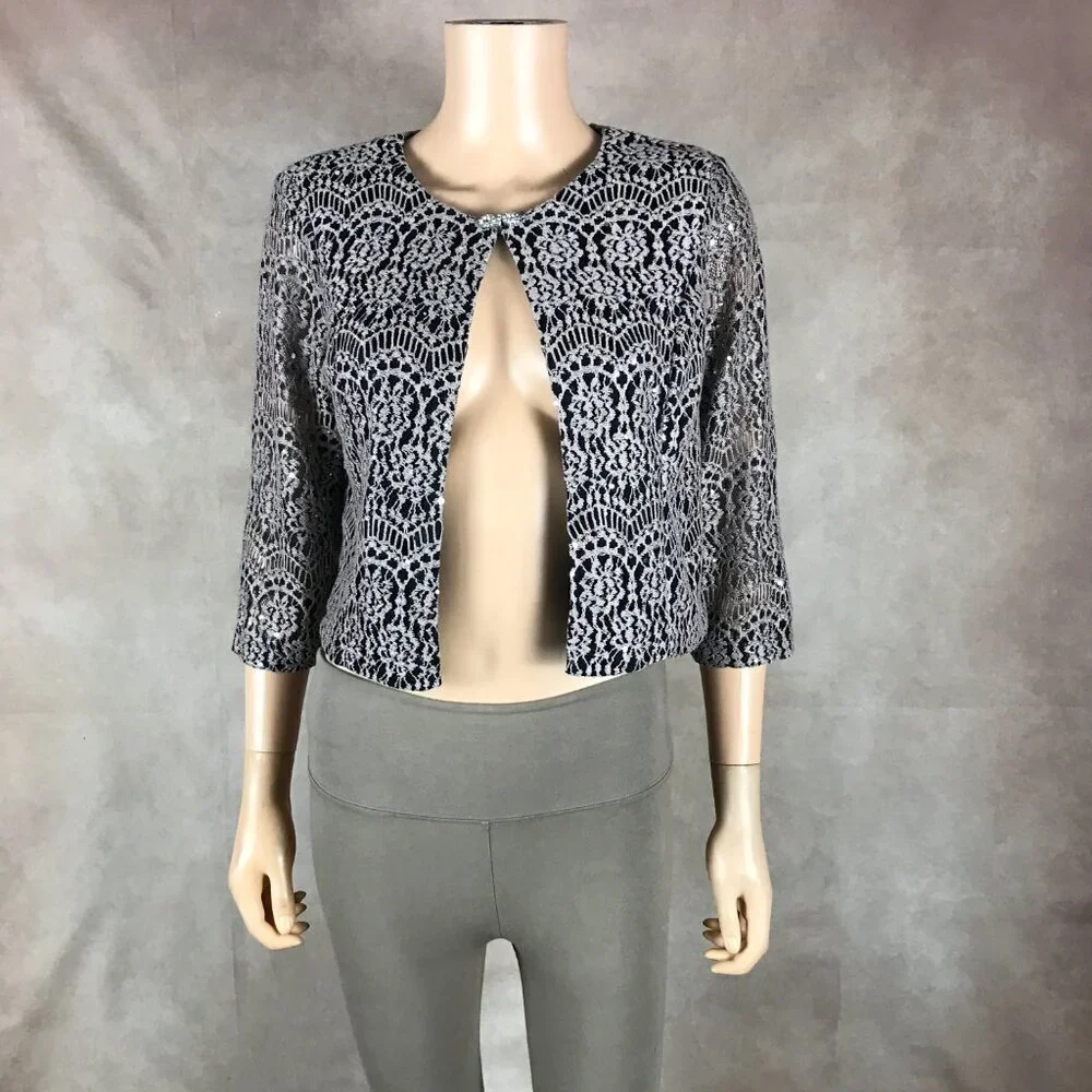 JESSICA HOWARD Tan/Black Lace Shrug Cardigan, 12P